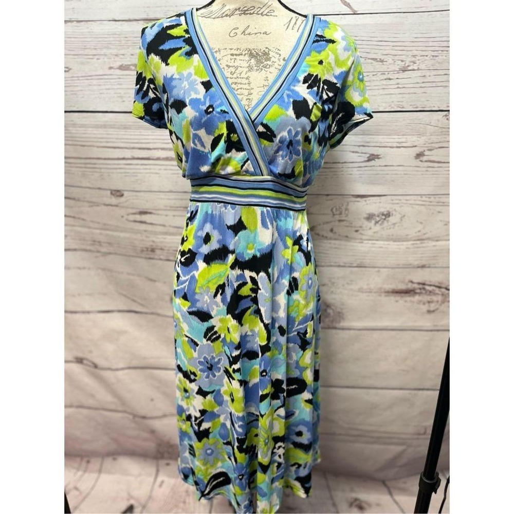 Dressbarn Floral Print Midi Wrap Dress Blue Green Black Women Size 12